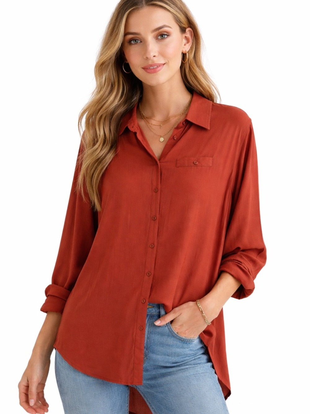 Soft Surroundings Large High Low Faux Pocket Button Up Rust Color
#297
